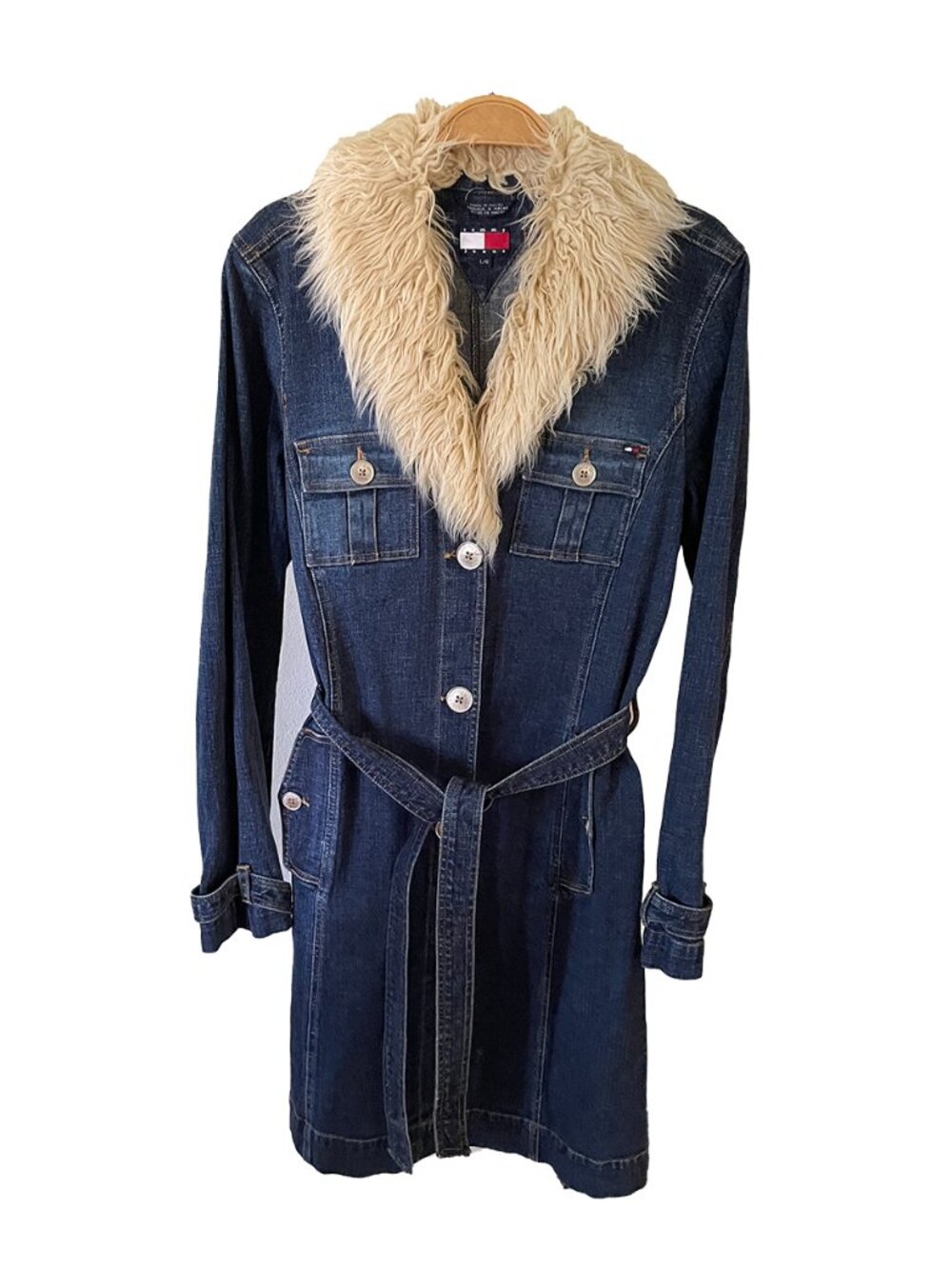 Vintage Tommy Jeans long denim coat with a faux fur collar sz Large